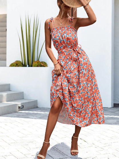 Women's Sundress - Smocked Bodice - Adjustable Straps - Floral Print - Midi Length