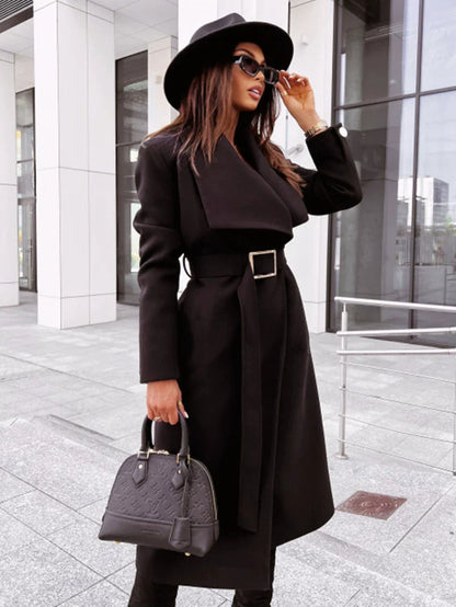 Women’s Longline Coat – Wool Feel – Tailored Relaxed Fit – Belted Waist – Draped Lapels