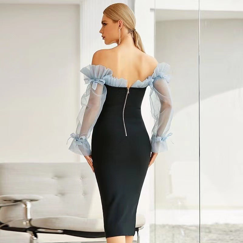 Women’s Bodycon Dress – Off-Shoulder – Sheer Ruffle Sleeves – V-Neck – Midi Length