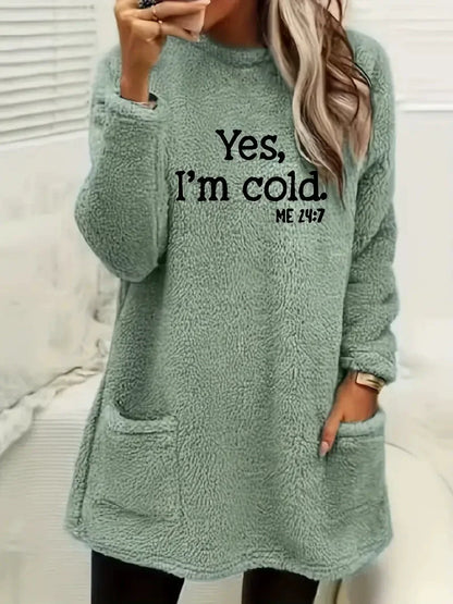 Women’s Oversized Sweatshirt – Double-Sided Fleece – Letter Print – Long Sleeve – Pockets