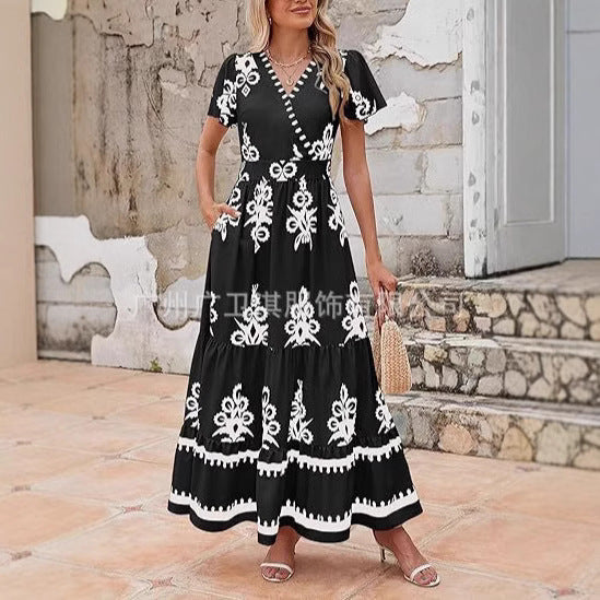 Women’s Maxi Dress – Bohemian Floral Print – Tiered A-Line Fit – V-Neck Short Sleeve