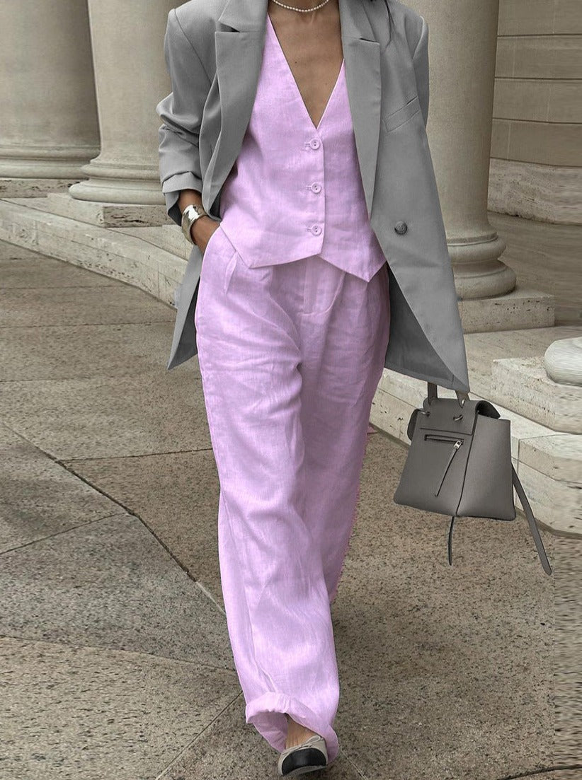 Women's Vest and Wide-Leg Pants Set - Tailored Fit - Sleeveless - High Waist Elegant Outfit