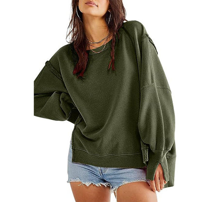 Women's Oversized Sweatshirt - Crew Neck - Long Sleeve - Side Slits - Casual Wear