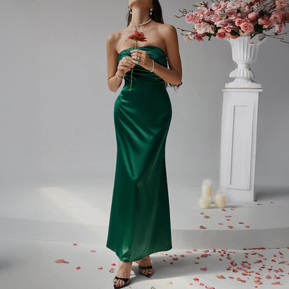 Women’s Evening Gown – Strapless Slim Fit – Full Length Satin-Like Formal Dress