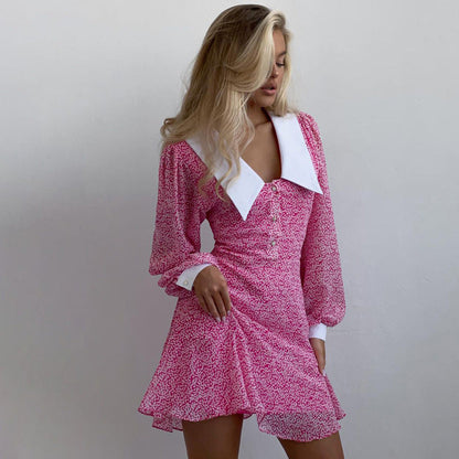 Women's A-Line Dress - Puff Sleeve - Contrast Pointed Collar - Vintage Inspired