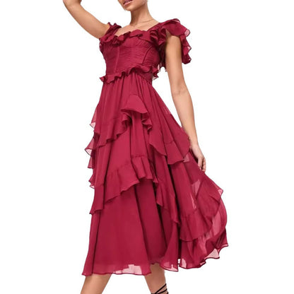 Women's Off-Shoulder Midi Dress - Tiered Ruffle Skirt - Elegant Flowing Fit