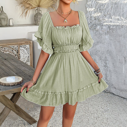 Women’s Mini Dress – Smocked Bodice – Fit and Flare – Ruffle Trim – Puff Sleeve