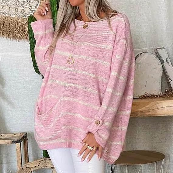 Women's striped boat neck sweater with large pocket