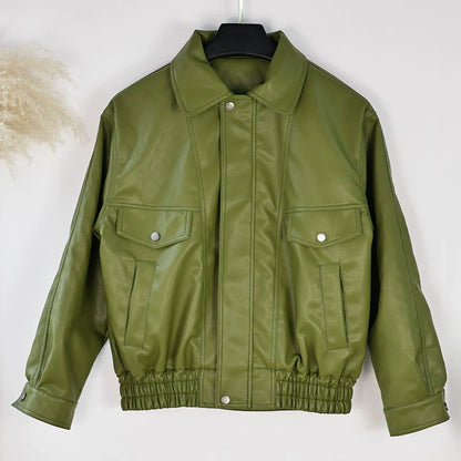 Women’s Bomber Jacket – Faux Leather – Relaxed Fit – Lapel Collar – Snap Front Closure