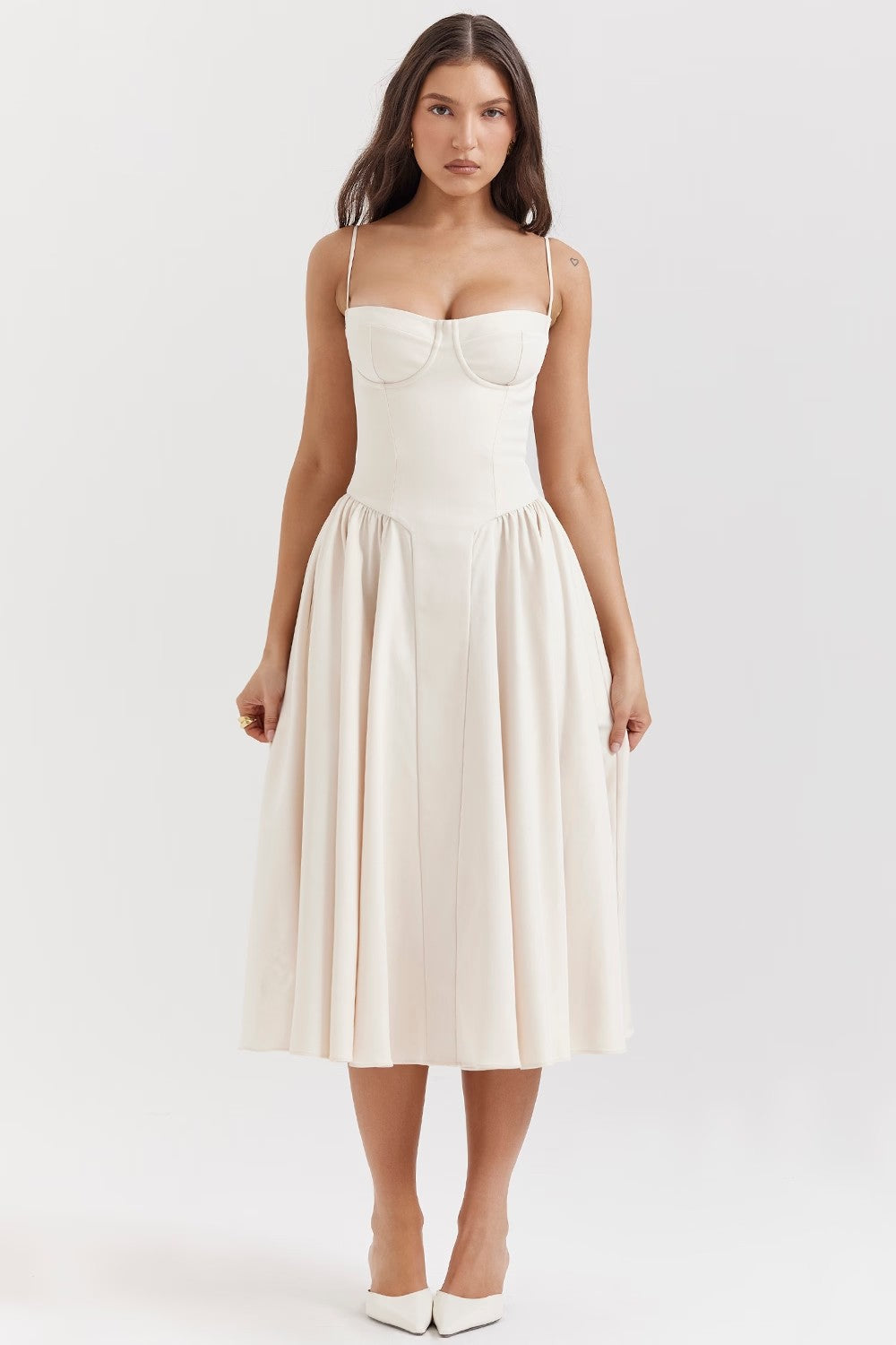 Women’s Midi Dress – Fitted Bodice – Spaghetti Straps – Pleated Flared Skirt