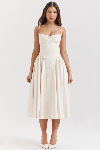 Women’s Midi Dress – Fitted Bodice – Spaghetti Straps – Pleated Flared Skirt