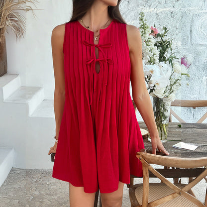 Women’s Sleeveless Dress – Relaxed Fit – Tie Neck – Pleated Front – Above Knee Length