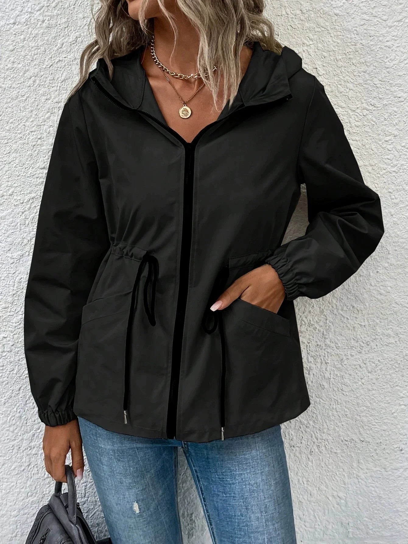 Waterproof Hooded Adjustable Waist Outdoor Jacket 