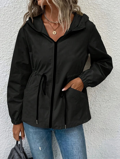 Women’s Outdoor Jacket – Waterproof Shell – Hooded – Adjustable Waist – Hip Length