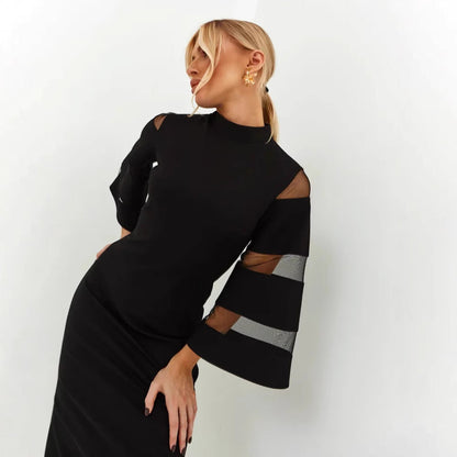 Women’s Midi Dress – Slim Fit Pencil Silhouette – Bell Sleeve – Side Slit – Round Neck