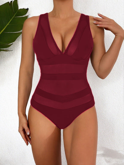 Women’s One-Piece Swimsuit – Form-Fitting – Deep V-Neck – Mesh Insert – Seamless Design