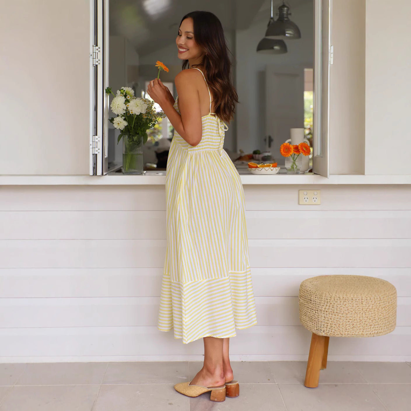 Women’s Midi Sundress – Cotton Blend – V-Neck – Striped – Front Knot – Flowy Fit
