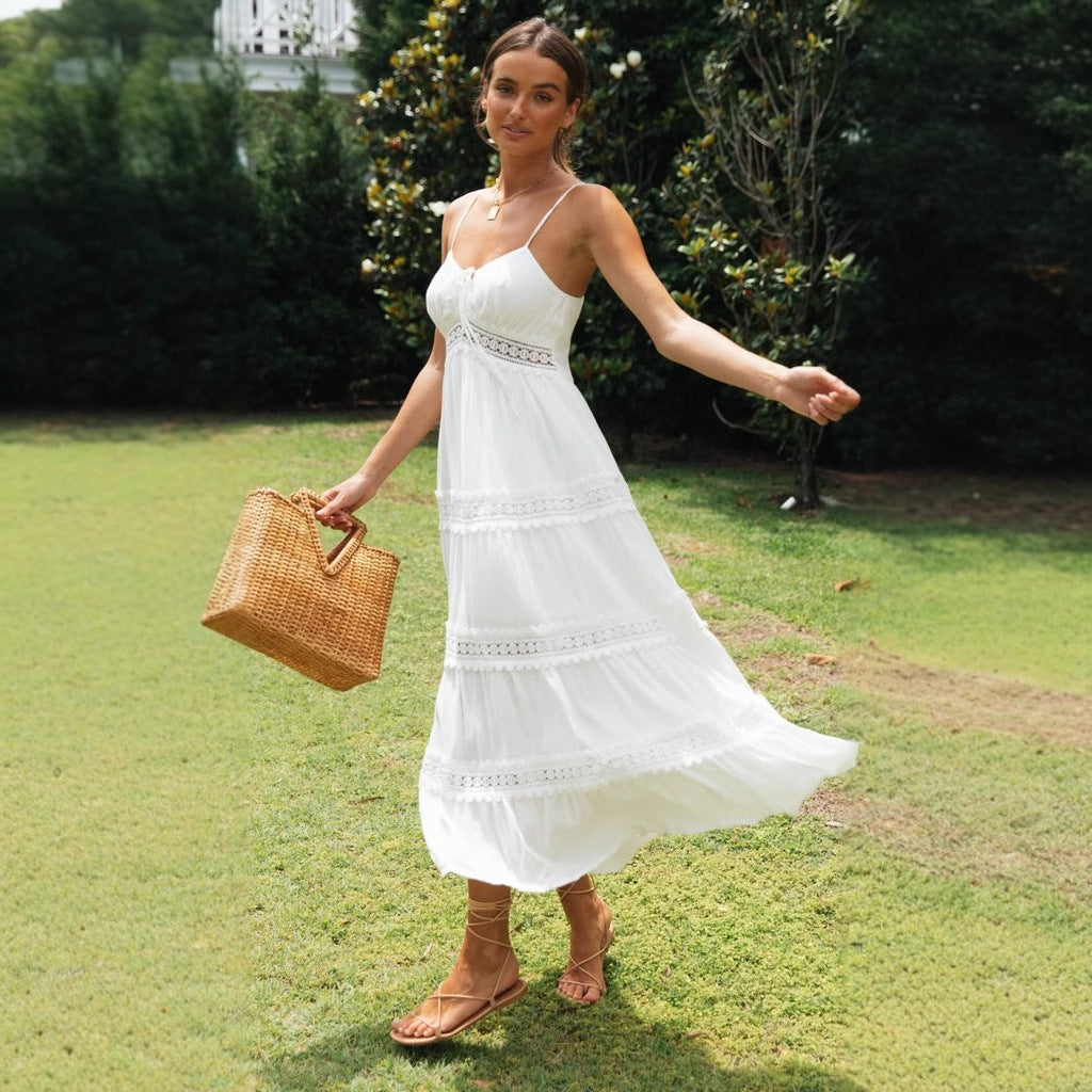 Women’s Sundress – Bohemian Style – Flowy Fit – Lace Trim – Tiered Skirt – Spaghetti Straps
