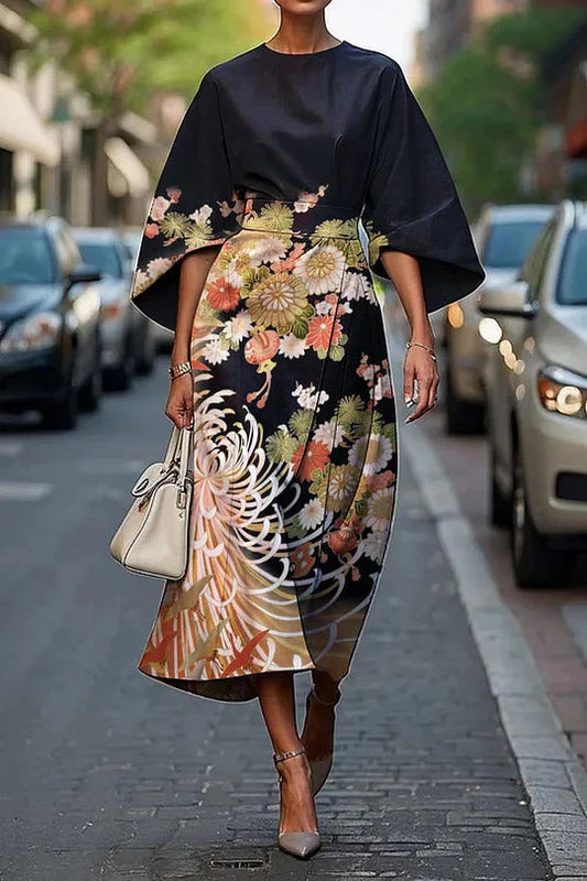 Luxury Fabric A-Line Floral Midi Dress