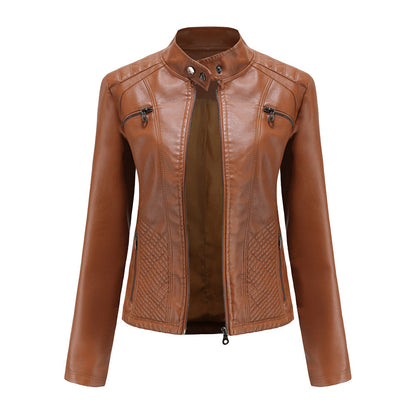 Women's casual faux leather stand-up collar jacket