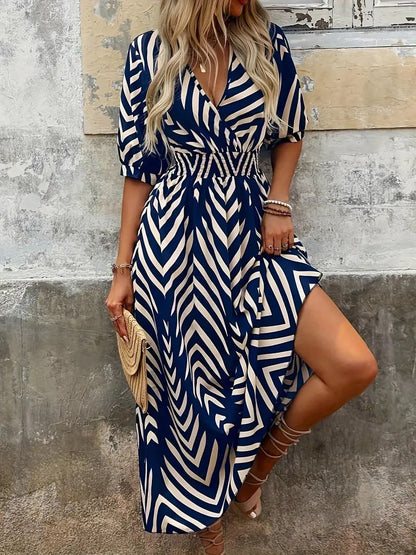 Women’s Midi Dress – A-Line Fit – V-Neck Wrap – Puff Sleeve – Woven Belted Waist