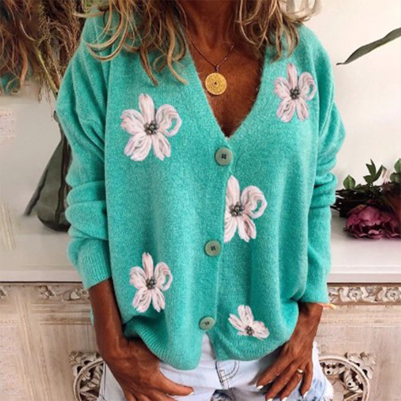 Knit Embroidered Floral V-Neck Button-Down Cardigan