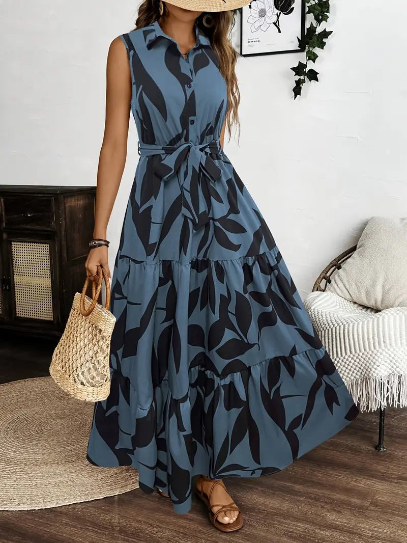 Leaf Print Fit and Flare Long Dress