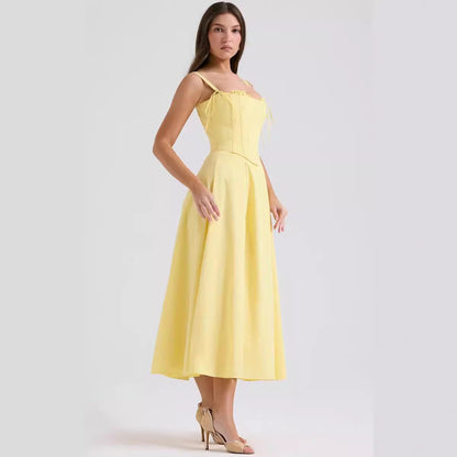 Women’s Midi Dress – Slim Fit Corset Bodice – A-Line Skirt – Adjustable Straps