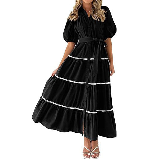 Puff Sleeves - Waist Tie Buttoned Tiered Style Maxi Dress