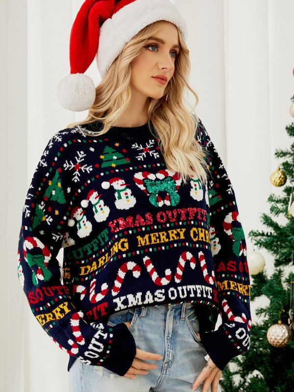 Women’s Cropped Sweatshirt – Loose Fit – Knit Texture – Festive Holiday Pattern