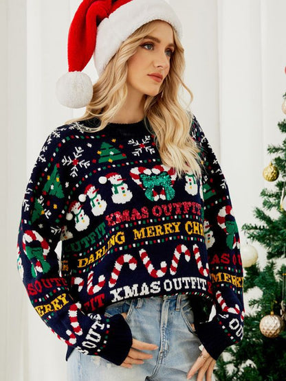 Women’s Cropped Sweatshirt – Loose Fit – Knit Texture – Festive Holiday Pattern