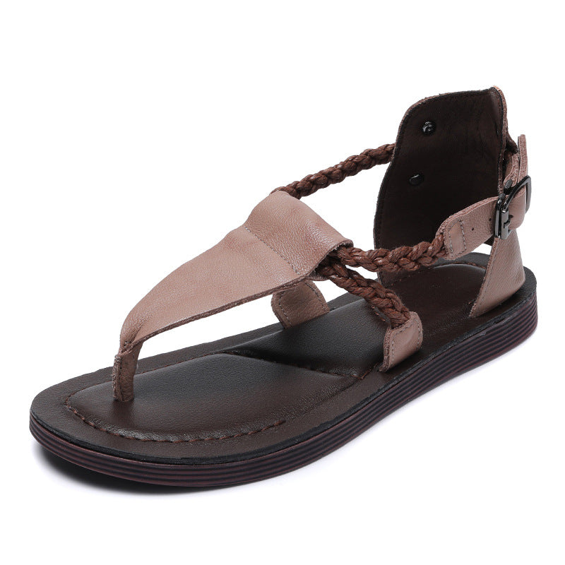 Elizabetha -  leather open-toe hand-buckled flat low-heeled clip-toe sandals