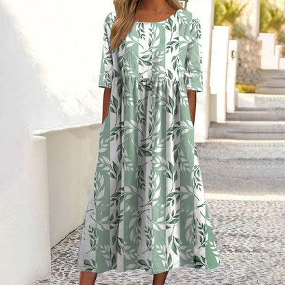 Women's Boho Dress - Relaxed Fit - Three-Quarter Sleeve - Midi Length