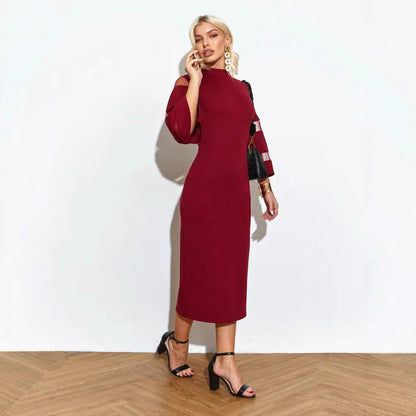 Women’s Midi Dress – Slim Fit Pencil Silhouette – Bell Sleeve – Side Slit – Round Neck