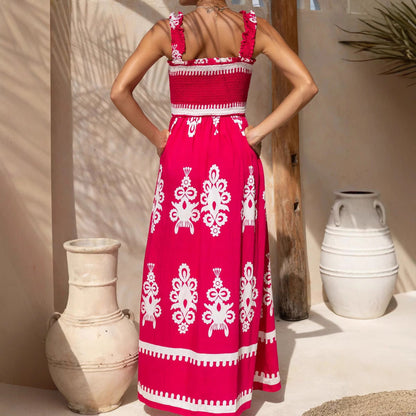 Women’s Sundress – Lightweight Cotton – Ruched Bodice – A-Line Fit – Printed Hem