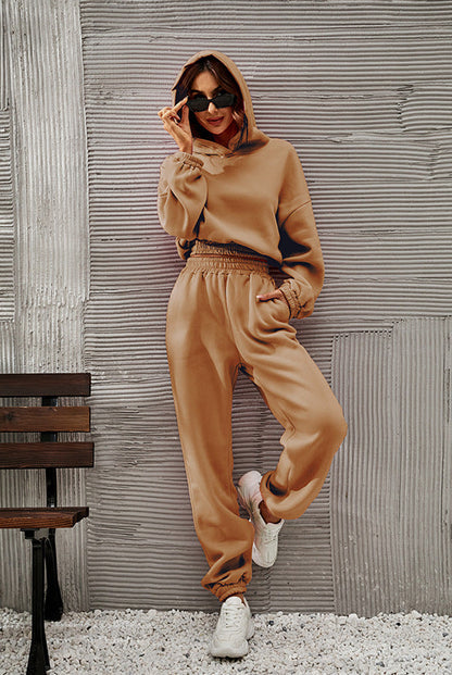 Women’s Hoodie and Pants Set – Relaxed Fit – Cotton – Cropped Top – Ribbed Cuffs