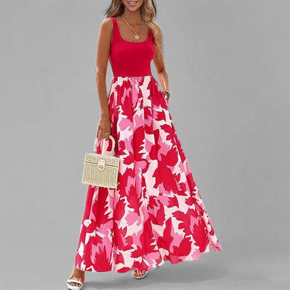 Women’s Maxi Dress – Sleeveless Scoop Neck – High Waist – A-Line Flowy Fit – Printed Skirt