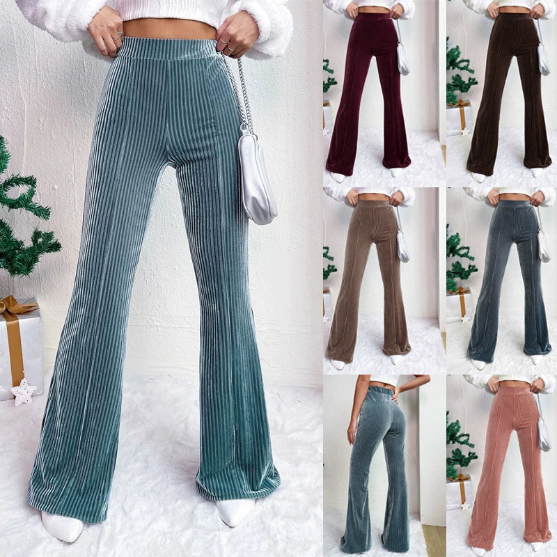 Ribbed Stretch High-Waisted Flared Pants 