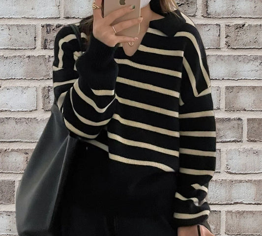 Relaxed Wool Knit Striped Pullover Top 