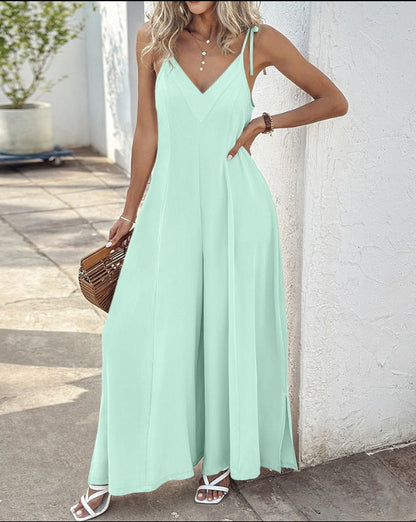 Women’s Jumpsuit – V-Neck – Spaghetti Straps – Cinched Waist – Wide Leg – Full Length