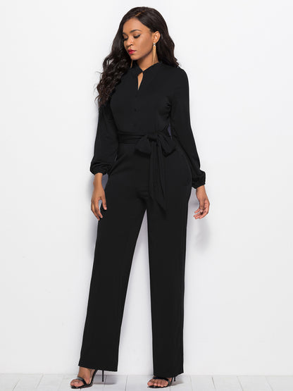 Women's Jumpsuit - V-Neck Button Front - Long Sleeve Wide Leg - Belted Waist