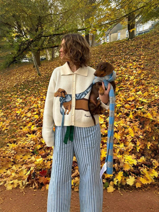 Cropped Dachshund Graphic Knitted Cardigan Sweater 
