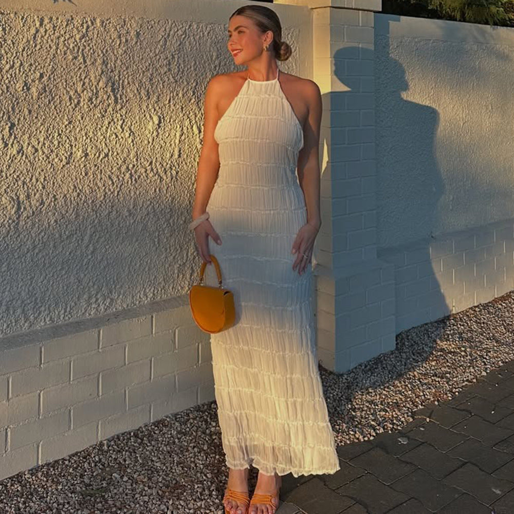 Women’s Maxi Dress – Slim Fit – Halter Neck – Ruched Texture – Open Back Evening Wear
