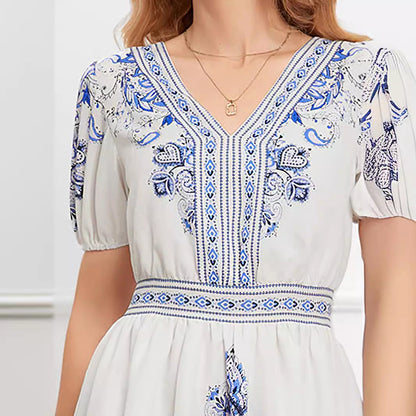 Women’s Mini Dress – Lightweight Cotton – V-Neck – Short Sleeve – Printed – Relaxed Fit