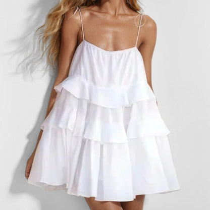 Women’s Mini Dress – Backless – Pleated Layers – Spaghetti Straps – Flowy A-Line Fit