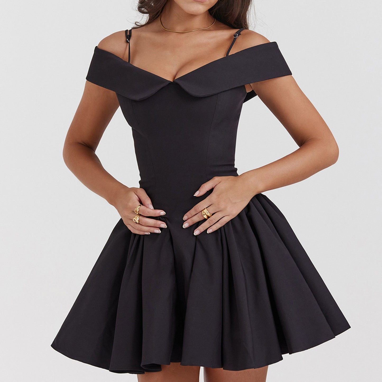 Women’s Off-Shoulder Dress – Midi Length – A-Line Fit – Spaghetti Straps – Elegant Style