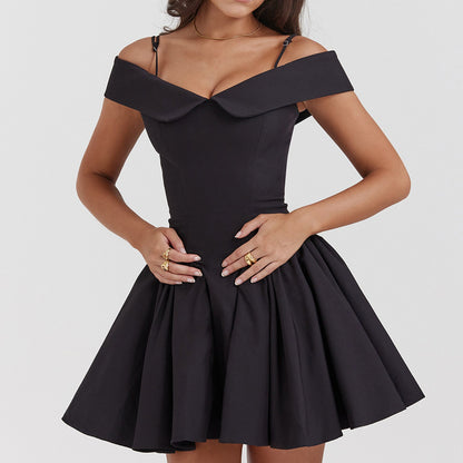 Women’s Off-Shoulder Dress – Midi Length – A-Line Fit – Spaghetti Straps – Elegant Style