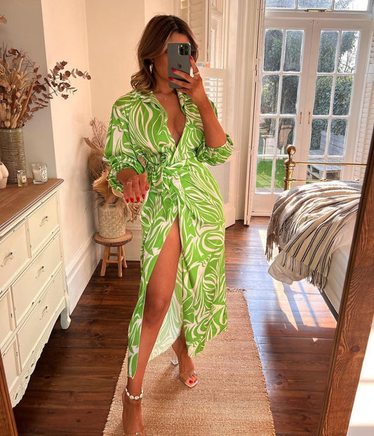 Long Sleeve Wrap Dress with Elegant Slit