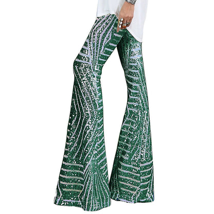Women’s Pants – High Waist – Sequin Geometric Detail – Wide Leg – Full Length Fit