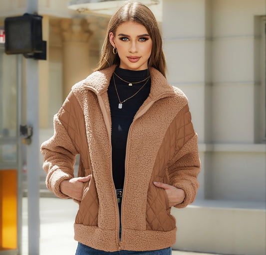 Plush Velvet Zip-Up Spliced Jacket
